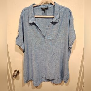 Tahari Women's Blue Linen Blend V-Neck Popover Shirt Sz 2X Beach Vacation Travel